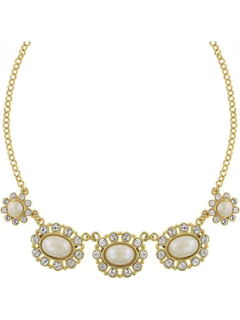 Elegant Gold Tone Faux Pearl & Crystal Collar Necklace with 3" Extender, 16